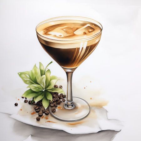 a coffee latte from the coffee bar is depicted in this illustration, showcasing a classic still-life style with influences from absinthe culture. the photorealistic detail captures the essence of the drink, while the sharp and prickly lines add a unique touch. the liquid appears to glow with a light emulsion effect, creating a visually stunning traditional vietnamese-inspired artwork. ai generatedの素材