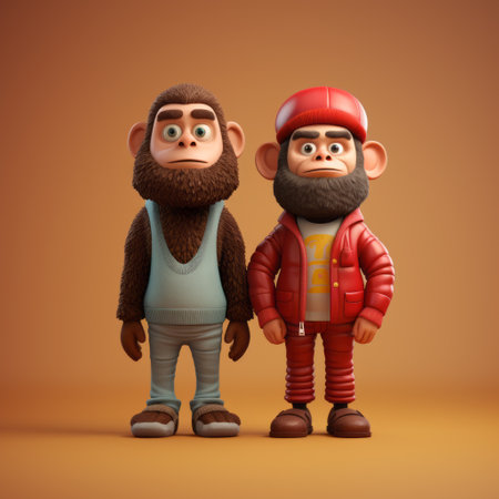 two men, depicted as cartoon dolls, stand facing each other in a humorous animal scene. created in the style of zbrush, the image showcases vibrant red and brown colors with a warm color palette. the hip hop aesthetics and junglepunk elements add a unique touch to this artwork, enhanced by vray tracing. ai generatedの素材