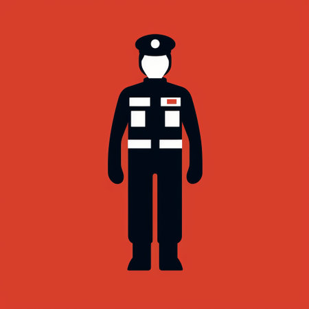 policeman in uniform vector flat icon, inspired by oriental minimalism. this icon draws influence from artists barbara kruger and alessandro gottardo, featuring a navy and crimson color scheme. with a touch of humanistic empathy, this icon captures the essence of order and arrangement, reminiscent of the hasselblad 1600f camera. ai generatedの素材