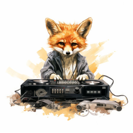 a fox in black is seen playing dj with a microphone on a white music deck. the image, created in the style of painterly realism, showcases vibrant orange and beige tones. the hyper-realistic animal illustration captures the essence of the fox. shot with a leica m6, this unique photo combines elements of corporate punk and can be found on flickr, featuring a collection of characterizedの素材