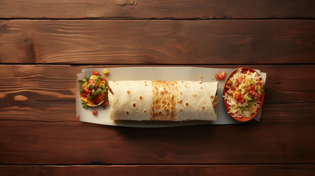 a burrito, artistically rendered by thechamba, is showcased on a wooden plate in this aerial view photograph. the photorealistic style captures the intricate details of the burrito, wrapped perfectly and ready to be enjoyed. this high-resolution uhd image is illuminated by a lightbox, enhancing the vibrant colors and textures of the rollerwave pattern on the burrito's surface. ai generatedの素材