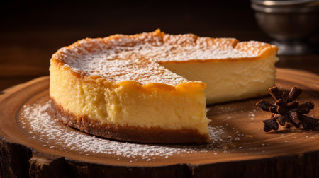 a slice of cheesecake, beautifully presented on a wooden board, is captured in this stunning photograph. the naturalistic light and shadow enhance the visual appeal, while the distinct framing adds a touch of elegance. taken by mark arian using the tokina opera 50mm f14 ff lens, the image showcases a delightful combination of light orange and light gold tones. crafted with exquisite attention to detail,の素材