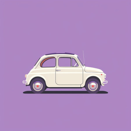 small white car on a purple background, featuring a minimalistic portrait style. the image captures the essence of italian landscapes and iconic pop culture caricatures. with soft and rounded forms, the car stands out against the muted and subtle tones of the background. this image showcases the classic cinquecento in stunning 8k resolution. ai generatedの素材