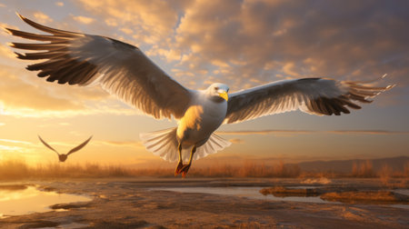 two white birds gracefully soar through the air above a serene body of water. bathed in the warm, golden light of the setting sun, their realistic and hyper-detailed renderings bring a sense of awe and wonder. created using the powerful unreal engine, this artwork by greg olsen captures the beauty of nature in vibrant and colorful animations, reminiscent of the styles of dimitry roulland andの素材
