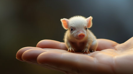 a pig rests comfortably in a person's hand in this captivating stock image. the photo, created in the style of unreal engine 5, showcases unpolished authenticity and features vray tracing for stunning visual effects. with a touch of digital enhancement, the ivory-colored pig stands out against a beautiful bokeh background, reminiscent of a national geographic photo. ai generatedの素材