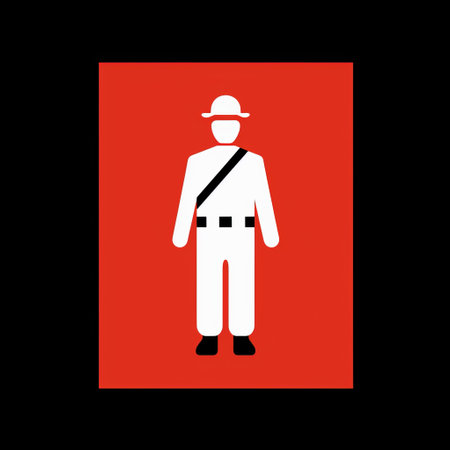 a man in brown pants stands as a striking silhouette against a vibrant red background. the image captures the essence of farm security administration aesthetics with its simplistic characters and high resolution. the white, urban signage adds a touch of modernity, while the stylish costume design reflects a sense of contemporary fashion. ai generatedの素材