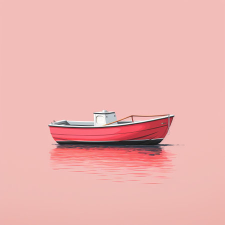 a red boat gracefully floats on the surface of pink water, creating a captivating scene reminiscent of hyperrealistic illustrations. this digital artwork showcases the fusion of minimalism and intricate details, resulting in a simple yet vibrant composition. the use of light gray and red hues adds depth and enhances the realistic marine painting style of this colorful illustration. ai generatedの素材