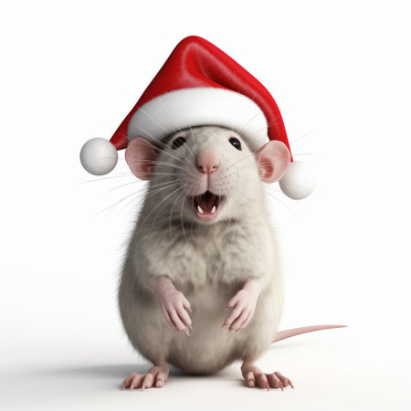 christmas rat wearing a santa hat, depicted in a modern and sleek style reminiscent of paranoid sensitivity. this 3d drawing combines influences from artists such as francis davis millet, john wilhelm, and gerhard munthe. with a touch of musical inspiration and a subtle critique of consumer culture, this artwork captures the essence of the holiday season in a unique and thought-provoking way. ai generatedの素材
