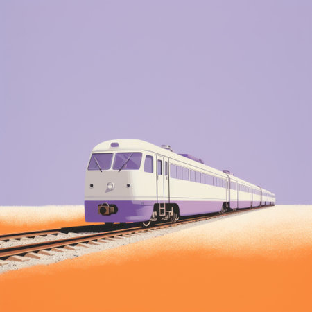 a train travels along the tracks under a vibrant purple sky, reminiscent of mid-century illustrations. the high level of detail in this desertwave-inspired artwork showcases a blend of light white and light orange hues. the image exudes an iconic design aesthetic, drawing inspiration from japanese minimalism and featuring a chrome-plated train. ai generatedの素材