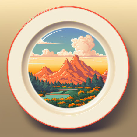 a plate featuring a pop art cartoonish illustration of a mountain scene. this realistic and hyper-detailed rendering by patrick brown showcases vintage poster design with hand-painted details. the illustration incorporates the impasto technique, adding texture and depth to the artwork. ai generatedの素材