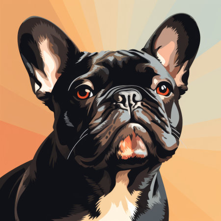 a french bulldog posing confidently against a vibrant orange backdrop. this aggressive digital illustration showcases bold and colorful portraits, with a dark gray and light cyan color scheme. the bold lithographic style adds a touch of intensity to the dark black and light beige accents, resulting in a smooth and shiny close-up shot. ai generatedの素材