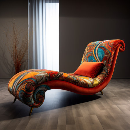 the striped chaise lounge is a vibrant orange piece of furniture that showcases swirling colors and intricate patterns. inspired by maranao art, this chaise lounge tells a colorful story through its curves and use of fabric. this high-quality photo captures the beauty and attention to detail of this unique and eye-catching piece. ai generatedの素材