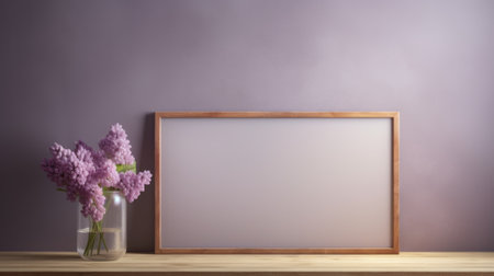empty frame with picture and lavender lilacs, in the style of vray tracing. the frame features a combination of dark pink and light brown hues, creating a visually appealing contrast. this 32k uhd photograph showcases minimalist backgrounds, specifically a kitchen still life with light gray and light brown tones. the sparse use of color adds a touch of elegance to the composition. ai generatedの素材