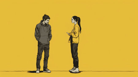 a cartoon depicting a guy sharing details of his relationship with his girlfriend. this street style realism artwork showcases a color palette of dark yellow and light black. inspired by the criterion collection, it focuses on character studies and incorporates elements of kidcore. the image features minimal retouching and has been digitally manipulated for added impact. ai generatedの素材