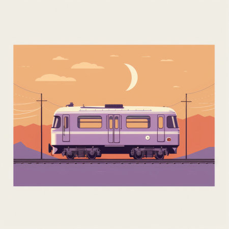 a silhouette shot of a train traveling in the evening, showcasing the pop art style of ed piskor. the image features flat colors in light violet and bronze, with simple line work. the realistic landscapes in soft, tonal colors complement the detailed character illustrations inspired by moyoco anno. ai generatedの素材