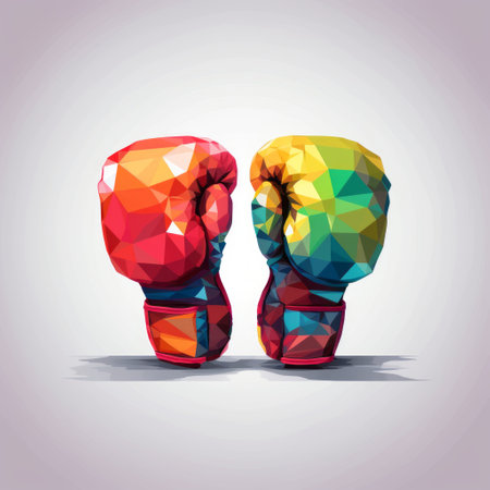 colored boxing gloves featuring geometric shapes are showcased in this vector illustration. the gloves are isolated on a gray background, and the design is reminiscent of crystals. the image incorporates elements of tilt shift, homosexual themes, raw versus finished concepts, psychological phenomena illustrations, redshift, and two-dimensional art. ai generatedの素材
