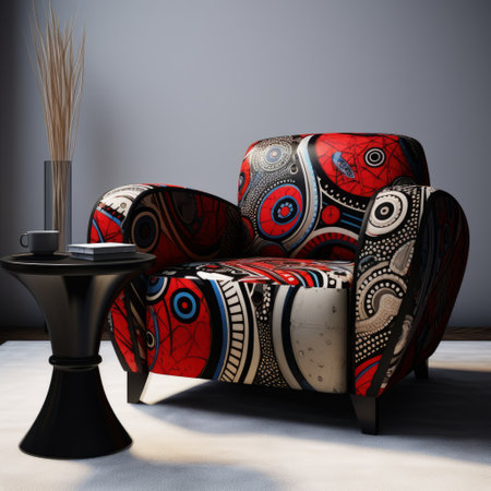 a room featuring a black table and a large chair adorned with african pattern designs. the room is enhanced digitally, showcasing dark gray and red tones. the maori art influence is evident through the use of fabric, bold colors, and marks. the overall aesthetic combines living materials to create a visually striking space. ai generatedの素材