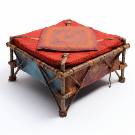ottoman in olympus of abyss 3d model, featuring a peacock design in dark orange and crimson. the model is beautifully patinated and oxidized, showcasing unexpected fabric combinations. inspired by the works of carl larsson, it exudes symmetrical balance with eccentric detail placements. this captivating piece is perfect for tabletop photography. ai generatedの素材