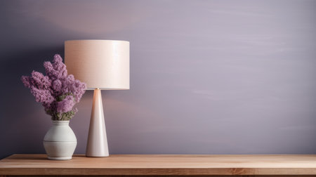 pink rose flower in a vase on a table with a purple wall. the photo showcases a minimalist design with a light purple and light gray color scheme. the flattering lighting enhances the installation-based arrangement, while the loose paint application adds a touch of artistic flair. the use of screen tones creates a unique visual effect, complementing the purple and beige elements in the composition.の素材