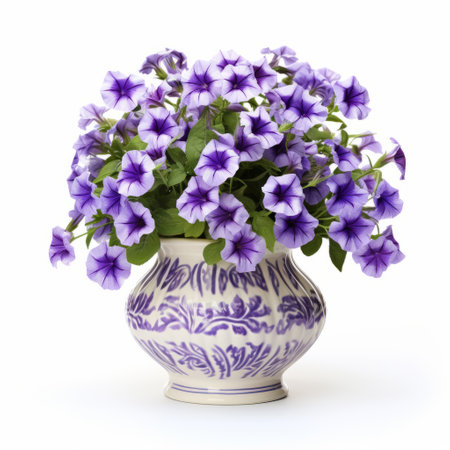 decorative purple roses arranged in eye-catching ceramic vessels, captured in this associated press photo by marguerite blasingame. the intricate flower patterns on the vessels add to the charm of the composition, creating a visually stunning display. ai generatedの素材