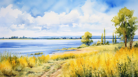 a watercolor landscape painting featuring trees and a river, inspired by the yellow and azure hues of the sea and coast painter. this artwork showcases the prairiecore aesthetic and the meticulous detail of photo-realistic landscapes. captured with a hasselblad h6d-400c, it beautifully captures the essence of plein-air paintings and the serene beauty of rural landscapes. ai generatedの素材