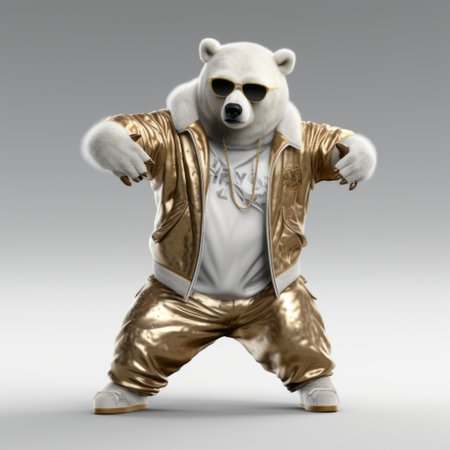 a white cartoon bear wearing gold clothing is captured in a 3d image, holding a microphone. the photograph showcases breakdance photography with its stylish costume design resembling liquid metal. this low-resolution uhd image belongs to the group zero collection on flickr. ai generatedの素材
