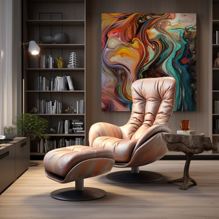 a small living room features a comfortable chair and ottoman placed in front of a large painting. the painting, inspired by the style of daz3d, showcases swirling colors and a leatherhide texture. reminiscent of jan matejko's work, the room exudes functional aesthetics and expressionist emotional intensity. the overall color scheme of the room is beige. ai generatedの素材