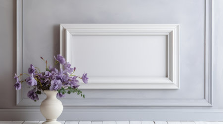empty frame with a photo frame and florist floral arrangement on a grey background. the style of john singer sargent is evident in the light gray and purple tones. the influence of serge marshennikov can be seen in the classical architectural details. the overall aesthetic is one of minimalist purity, with a focus on ceramic materials and realistic hyper-detail. ai generatedの素材