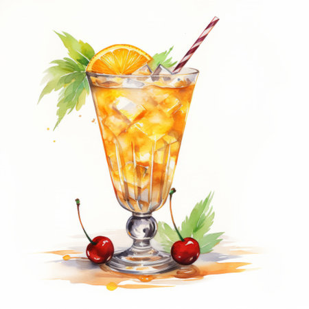 a highly realistic ink drawing of a julep and cherry lilt, in the style of orange and amber, resembling watercolor illustrations. the glass material is beautifully depicted, making it perfect for illustrated advertisements. this artwork captures the essence of a heatwave and exudes an animecore vibe. ai generatedの素材