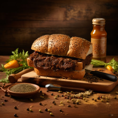 a sandwich with a variety of fresh ingredients is beautifully presented on a wooden board. the photograph showcases intricate details in dark beige and dark amber tones, captured with the high-quality of unreal engine 5. the color palette features shades of dark orange and brown, creating a visually appealing image. shot with a canon sure shot af-7s, this photo captures the artistry of a sandwichの素材