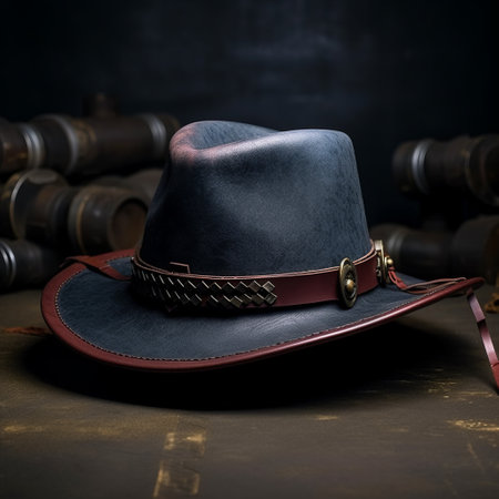 a dark black and brown cowboy hat sits on a table next to a barrel. the hat exudes a classic american style with its dark azure and gray color scheme. the leatherhide material adds a touch of authenticity, while the surrounding elements of dark gray and crimson, bardcore, heistcore, and navy and bronze create a captivating atmosphere. ai generatedの素材