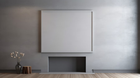 empty room with a blank frame and fireplace, presented in a 3d rendering. this mockup showcases a hard edge painter style, featuring a gray color scheme and a hanging scroll. the use of screen tones and a matte photo adds to the abstract minimalism aesthetic. perfect for 8k resolution enthusiasts and admirers of contemporary art. ai generatedの素材