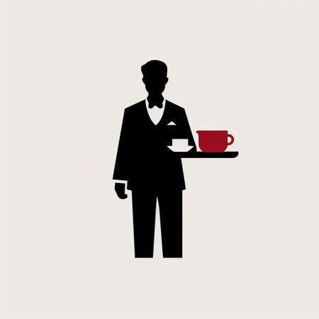 modern hotel waiter holding hot coffee cups in a vintage minimalist illustration. the artwork, inspired by shepard fairey and fletcher sibthorp, features a contemplative minimalism style with dark crimson and light black tones. the gender-bending iconography is portrayed through silhouette figures. ai generatedの素材