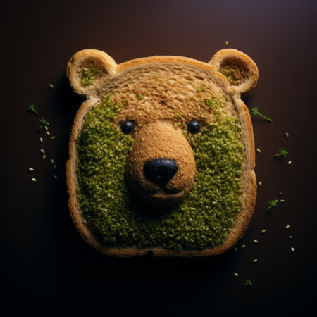 a bear-shaped bread baked with green leaves, featuring darktable processing, layered imagery, and subtle irony. this uhd image showcases minimalistic japanese design, incorporating zbrush and neo-impressionist techniques for eye-catching detail. ai generatedの素材