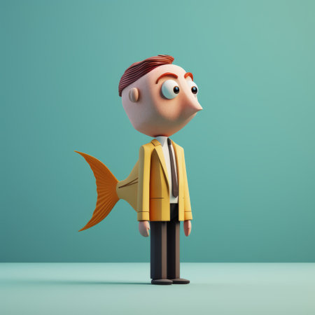 an orange fish with an arrow, rendered in cinema4d, showcases modernism-inspired portraiture. the playful character design features a full body, with a light yellow and dark cyan color scheme. this handsome and normcore fish adds a touch of whimsy to any project. ai generatedの素材
