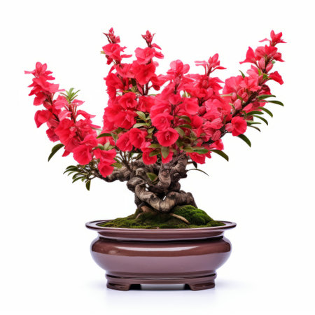 blossoming rose plant in a brown pot on a white background, showcasing the precisionist style with a touch of chinapunk influence. the bold color fusions and symmetrical arrangement create a visually striking image reminiscent of cherry blossoms. this associated press photo beautifully combines traditional techniques with a modern twist. ai generatedの素材
