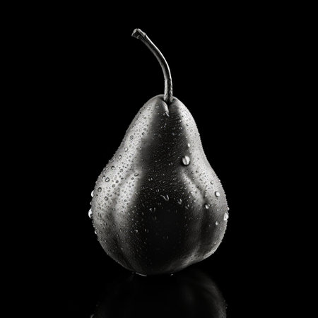 a pear with water droplets on its surface, captured in a noir-inspired atmosphere. the photo showcases a dark silver and dark gray color palette, emphasizing stark minimalism. meticulously detailed, the image was taken using a zeiss batis 18mm f2.8 lens and created with zbrush. the composition features an elaborate fruit arrangement. ai generatedの素材