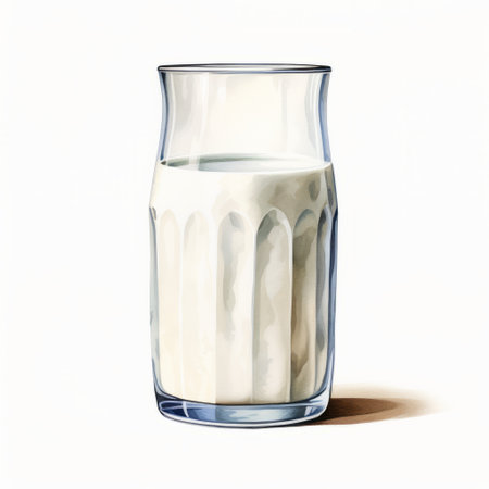 glass of milk on white background, featuring realistic watercolor style. this architectural illustrator's precisionist approach is evident in the highly detailed and sharp illustration. with a touch of clever humor, this yankeecore piece showcases luminous glazes. ai generatedの素材