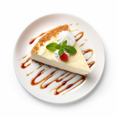 a white plate showcases a realistic and detailed rendering of a piece of cheesecake with icing on top. this artwork, created by steve henderson, utilizes a soggy carnivalcore aesthetic, with light black and light beige streaks adding depth and texture to the image. ai generatedの素材