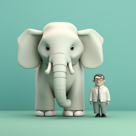 an elephant stands in a minimalist scene alongside a man and a doctor. this conceptual artwork, created by object portraiture specialist gene luen yang, features a teal and white color palette. the elephant is sculpted in a colored cartoon style, adding a unique touch to the composition. ai generatedの素材