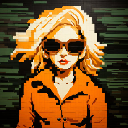 a girl with sunglasses stands in front of a pixel art mural, showcasing a dynamic expressionist style. the mural features dark orange hues and is made of ceramic, creating a unique street art experience. the artwork is highly realistic, with strong contrast and chiaroscuro effects. the retro-style mural also incorporates elements of wimmelbilder, adding an intriguing touch to the overall composition. ai generatedの素材