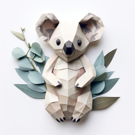an origami koala bear perched on thorny branches, showcasing a muted palette and photorealistic composition. this playful character design captures the essence of australian landscapes with its balanced symmetry. crafted with meticulous detail, this artwork is a stunning representation of the artistry and beauty found in nature. ai generatedの素材