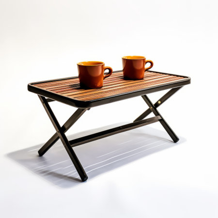 two mugs sit on an oval-shaped table, showcasing a steel-iron frame construction. the table features horizontal stripes in dark orange and light brown, creating a visually appealing contrast. the photograph, taken with fujifilm natura 1600, captures simplified structures and utilizes natural lighting, highlighting the use of traditional techniques. ai generatedの素材
