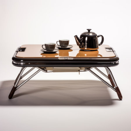 a wooden coffee table with two legs is showcased on top of a glass table top, exuding a dieselpunk style. the light orange and brown hues create a cold and detached atmosphere, captured beautifully by the fujifilm pro 800z film. this kitchen still life, captured by kji morimoto, features elements of petcore design. ai generatedの素材