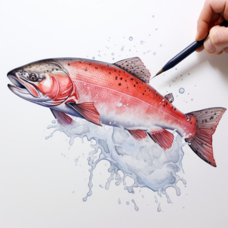 a red trout, depicted in a watercolor medium, showcases the artist's meticulous attention to detail and precision. the hand-drawn illustration captures the essence of hyper-realistic animal art, employing techniques such as paint dripping and forced perspective. the vibrant colors and intricate brushwork bring the fish to life, making it a captivating addition to any collection of detailed character illustrations or colorful muralist works. ai generatedの素材