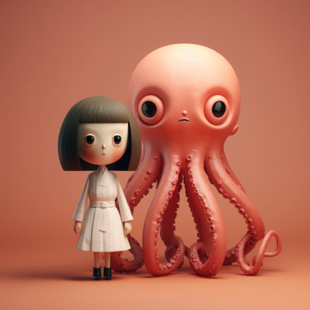 a large octopus and girl in a dress are depicted against an orange background in this hard surface modeling style artwork. the characters have a simplistic design reminiscent of goro fujita's work. the color palette includes dark white and pink, with shiny eyes adding a touch of intrigue. the overall aesthetic has elements of toycore and scientific illustrations. ai generatedの素材