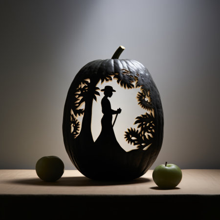 a pumpkin with a woman silhouette is captured in this meticulously detailed still life photograph. the intricate cut-outs create a stunning visual effect reminiscent of the works of michael shainblum and john singer sargent. this eco-friendly craftsmanship is beautifully showcased in this high-resolution uhd image, reminiscent of the artistry of kate greenaway. ai generatedの素材