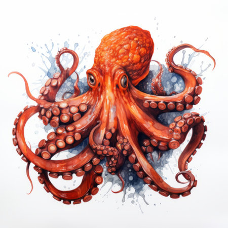 a large-sized octopus painting is showcased on a white background, resembling detailed science fiction illustrations. the painting features a combination of light red and amber tones, creating a harsh realism effect. captured with a fish-eye lens, this algeapunk-inspired artwork stands out as a contest winner. enjoy the ultra-high-definition image of this captivating masterpiece. ai generatedの素材