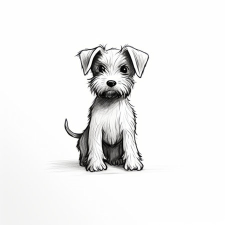 a puppy sits against a dark background, resembling a minimalistic black and white sketch. the detailed character design showcases its animated gifs, while the gray and white background enhances the focus stacking effect. the clean and sharp inking adds to the overall aesthetic of the image. ai generatedの素材