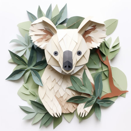 a koala papercraft art featuring a design of green leaves and flowers, reminiscent of a national geographic photo. the composition is stark and captivating, with folded planes creating a three-dimensional effect. the colors used are light maroon and light beige, adding a touch of elegance. this artwork would be a perfect addition to museum gallery dioramas, creating an ambient occlusion effect. ai generatedの素材